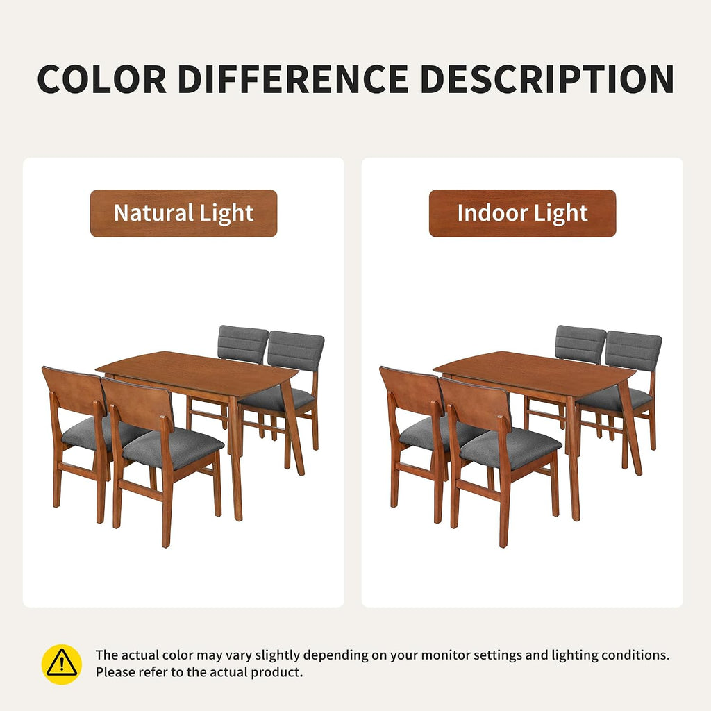 Merax 5 Piece Solid Wood Dining Table Set for 4, Farmhouse Mid-Century Modern and 4 Upholstered Chairs for Home, Kitchen, Apartment, Space Saving, Brown+Gray