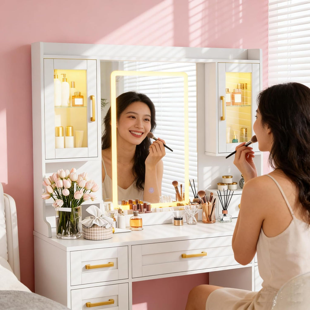 Vanity Desk with Mirror and LED Lights, Makeup Table with 2 Glass Cabinets and 2 Large Drawers, 3 Lighting Color Adjustable, Girls Dressing for Bedroom