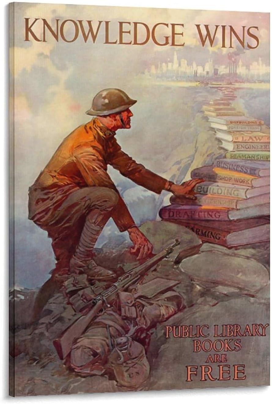Knowledge Wins - Public Library Books - 1918 - World War I - Propaganda Poster Canvas Printing Wall Decoration Art For Room Aesthetics And Decoration 24x36inch(60x90cm)