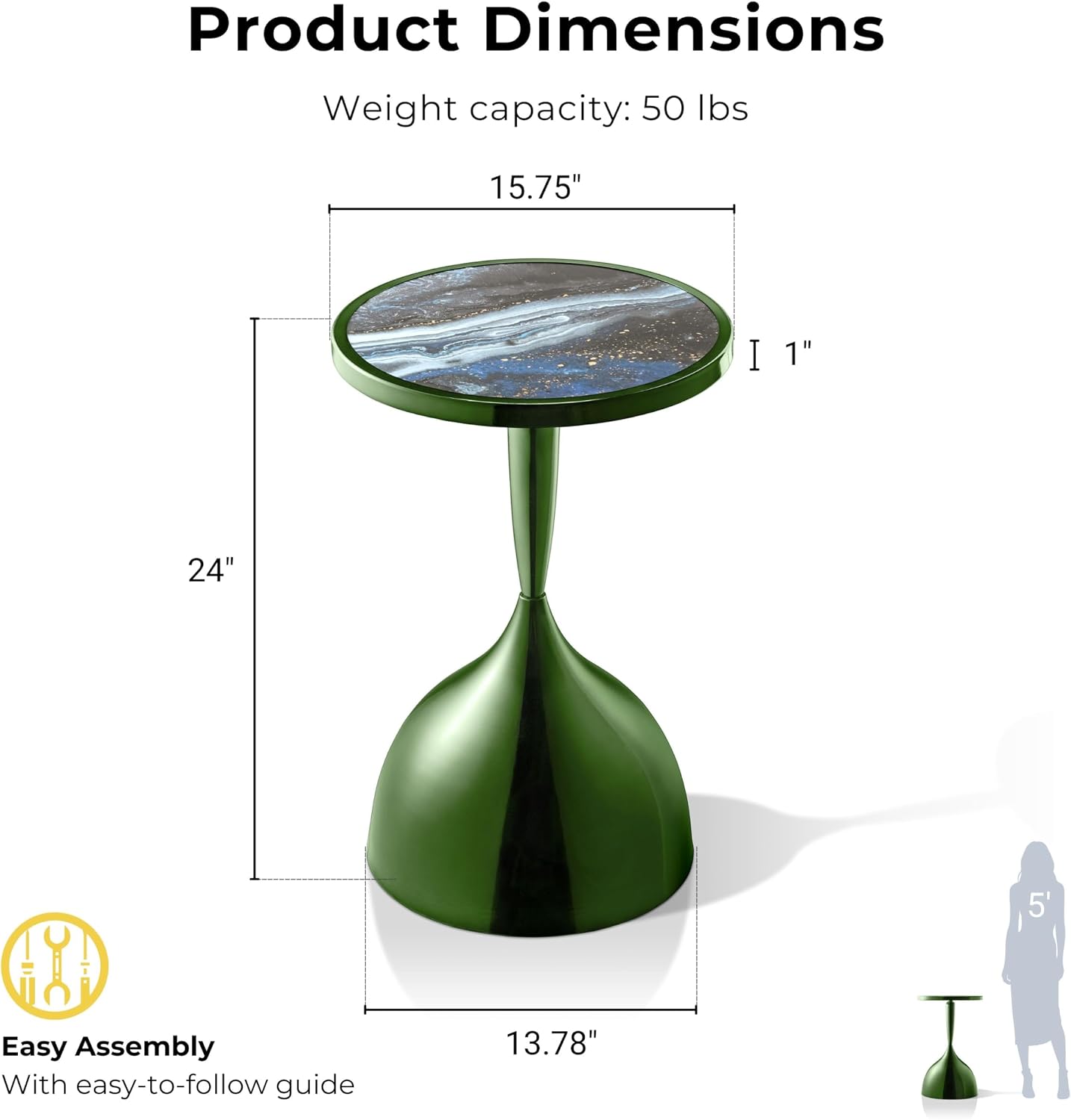 Homes: Inside + Out Halric Modern 24' Tall Round End Table with Decorated Tabletop and Iron Metal Base, Accent Furniture, Elegant Pedestal Stand for Living Room, Home Office, Chrome Green