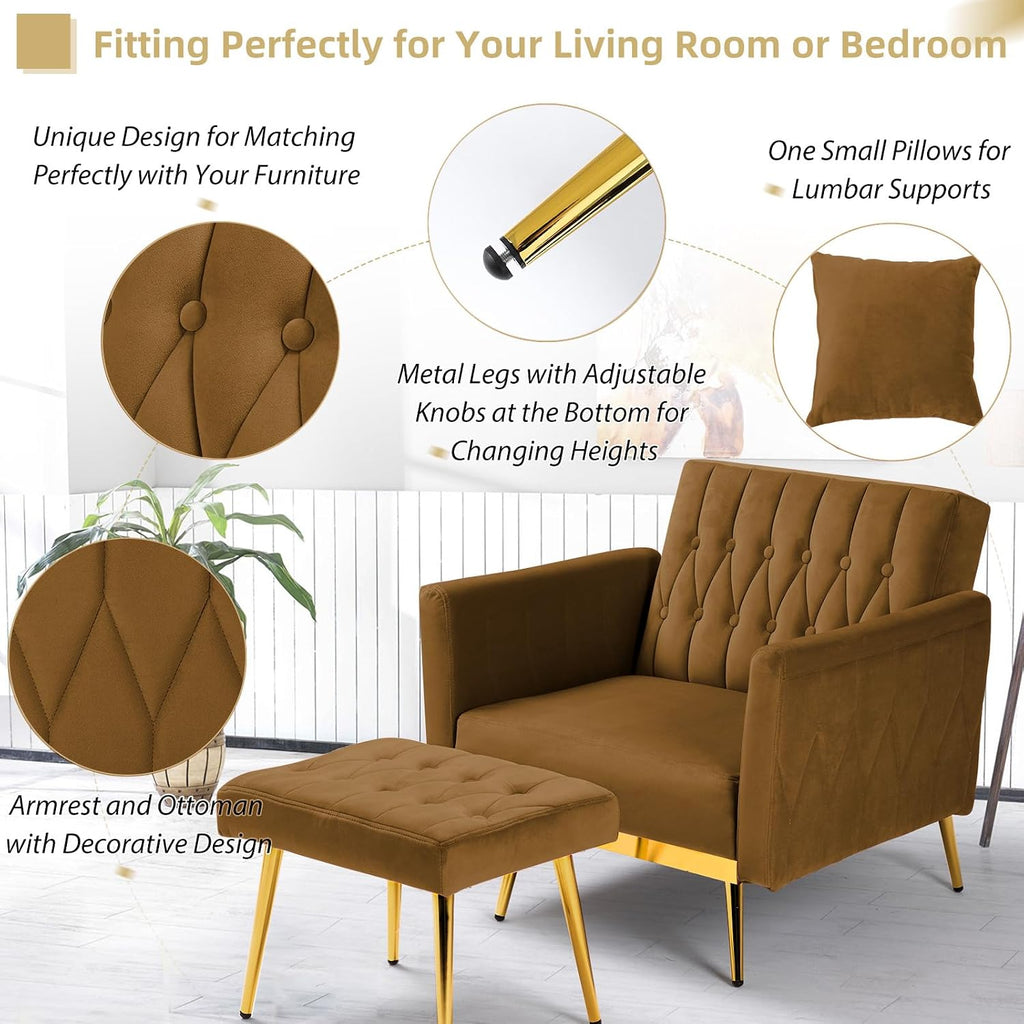 Velvet Accent Chair with Adjustable Armrests and Backrest, Button Tufted Lounge Chair, Single Recliner Armchair with Ottoman and Pillow for Living Room, Bedroom, Brown