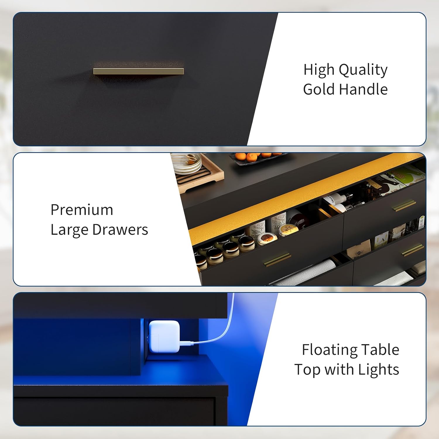TV Stand Cabinet with LED Lights & Charging Station, Coffee Bar Cabinet Floating Countertop, Modern Sideboard Buffet 6 Drawers for Home, Living Room, Black