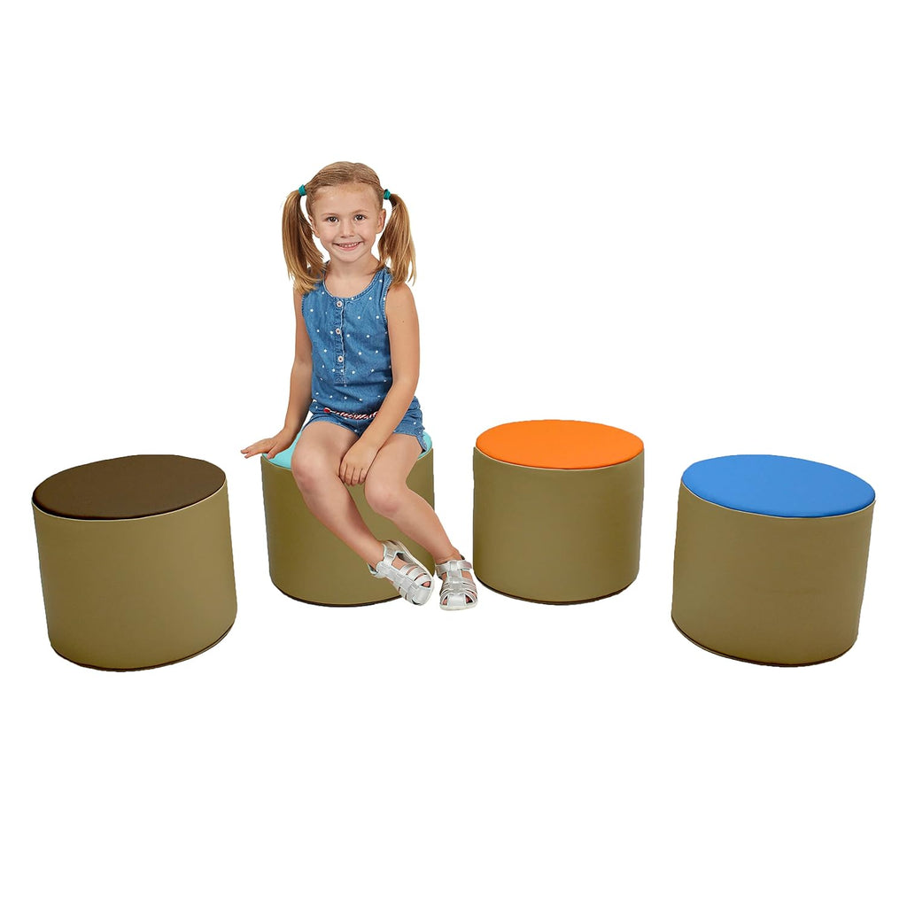 FDP SoftScape 15 inch Round Two-Tone Accent Ottoman for Ages 3-7 Modern Children's Furniture, Flexible, Lightweight Foam Seating for Home, Playroom, Classroom, Library (4-Piece) - Sand, 12763-SD