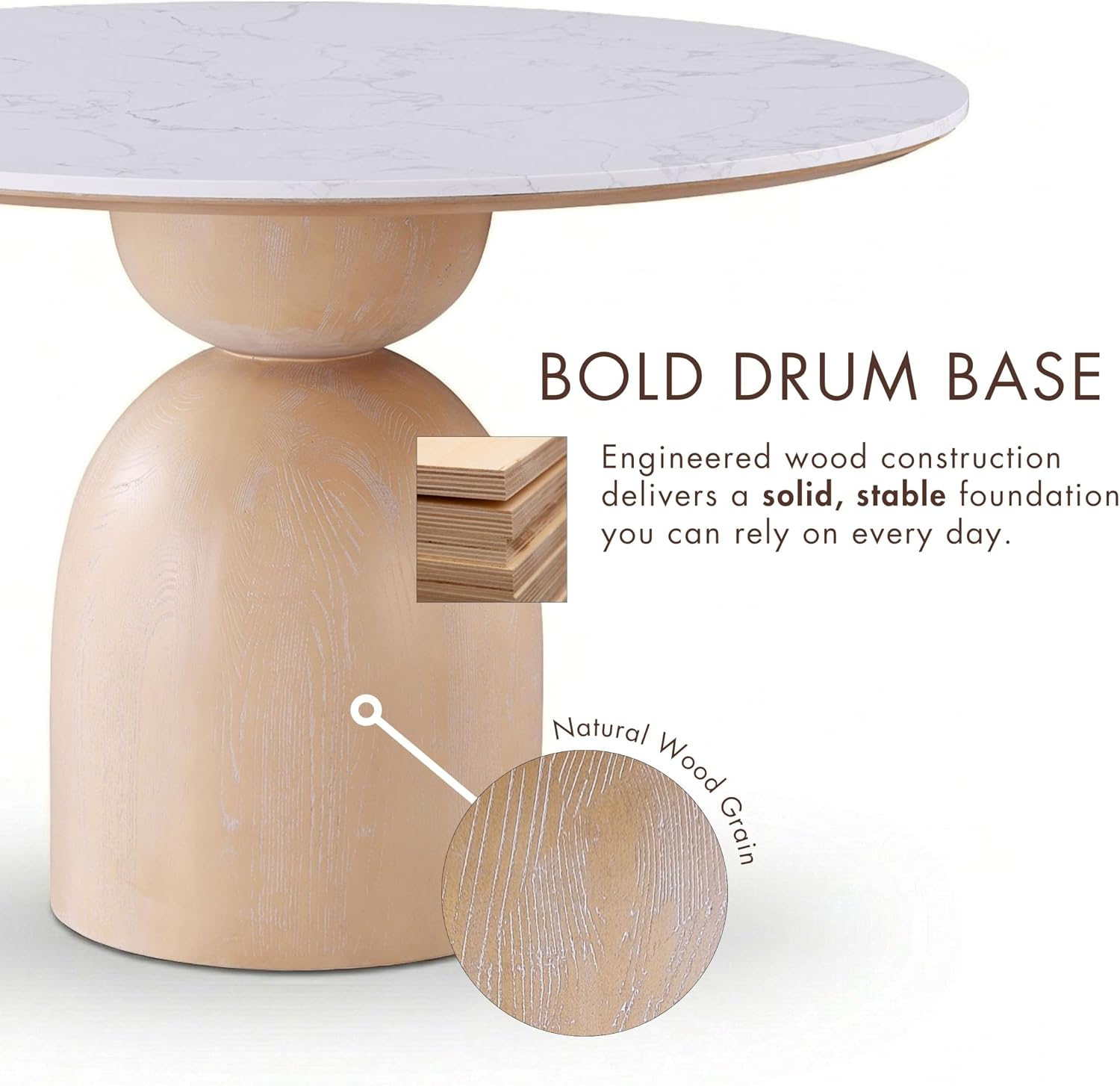 Furniture of America Sonya Modern Round Dining Table with Drum Base and Faux Marble Stone Top, Easy Assembly for Home, Kitchen and Living Room, Natural