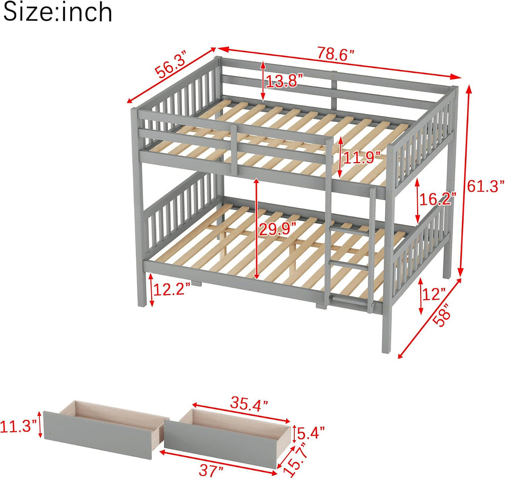 PVWIIK Full Over Full Wood Bunk Bed with 2 Drawers & Ladder for Adult Teenagers Kids Bedroom Dorm Guest Room,Convertible into 2 Full Beds Frame/Under Bed Space/No Box Spring Required,Grey