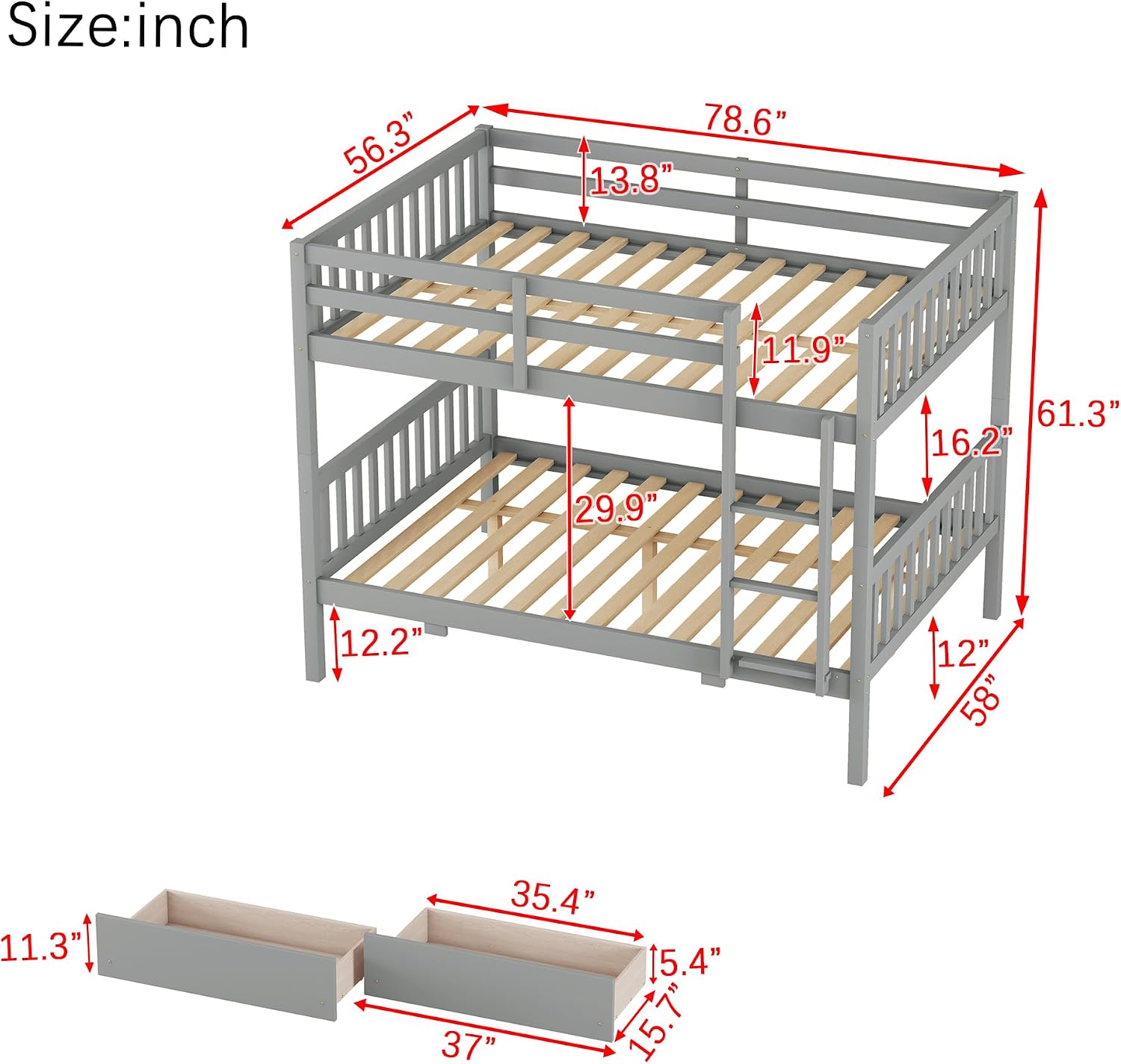 PVWIIK Full Over Full Wood Bunk Bed with 2 Drawers & Ladder for Adult Teenagers Kids Bedroom Dorm Guest Room,Convertible into 2 Full Beds Frame/Under Bed Space/No Box Spring Required,Grey