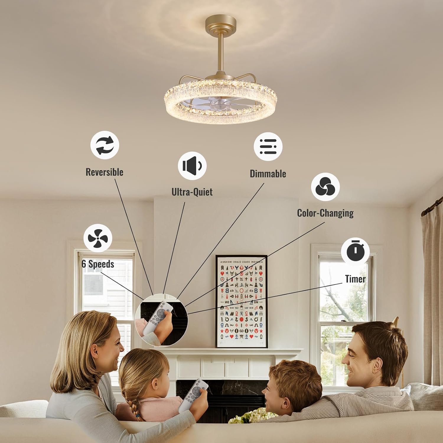 20'' Ceiling Fan with Lights and Remote, 3000-6000K Dimmable Low Profile Crystal Ceiling Fan, 6 Wind Speeds Modern Flush Mount LED Fandelier for Bedroom Living Room, Gold