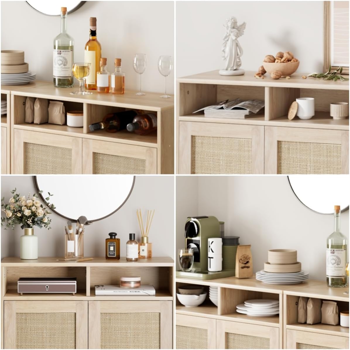 IDEALHOUSE Sideboard Buffet Storage Cabinet, Rattan Kitchen Cabinet with 2 Doors/Shelf, Accent Modern Dining Living Room Entry Hallway Coffee Bar Furniture for Home Decor,36''H