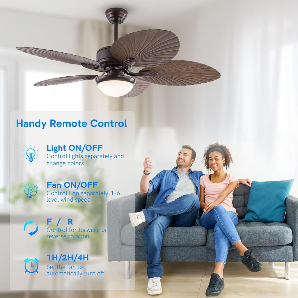 52 Inch Tropical Palm Leaf Ceiling Fan with Light and Remote, Indoor/Outdoor Ceiling Fan with Reversible Quiet DC Motor, Dimmable LED Light, 6 Speeds, for Patio, Porch, Living Room, Bedroom