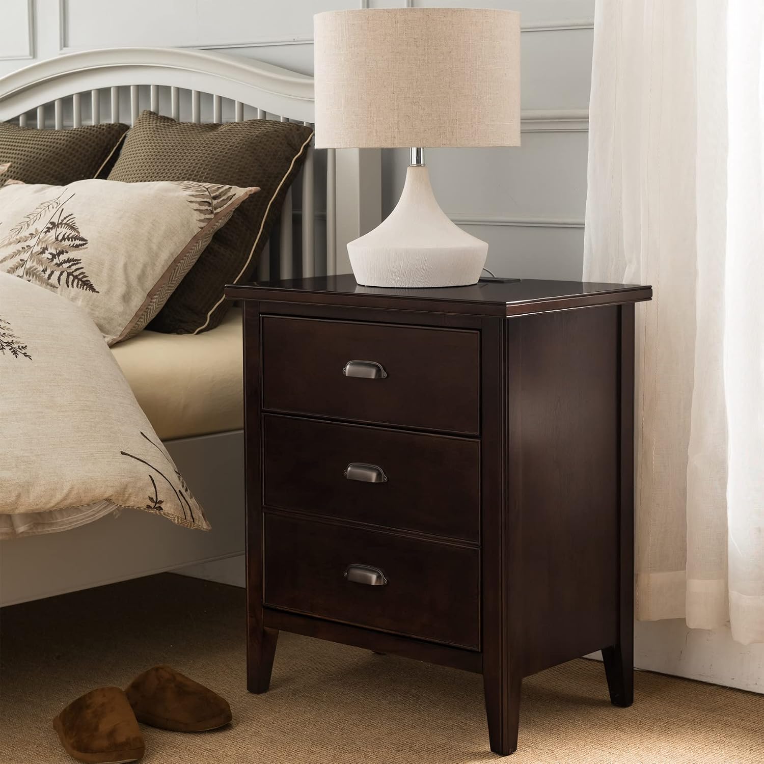 Leick Home 10522 Laurent Nightstand with Drawer, Door with USB-C Fast Charging Station and AC/USB Outlet, 2-Pack, Chocolate Cherry