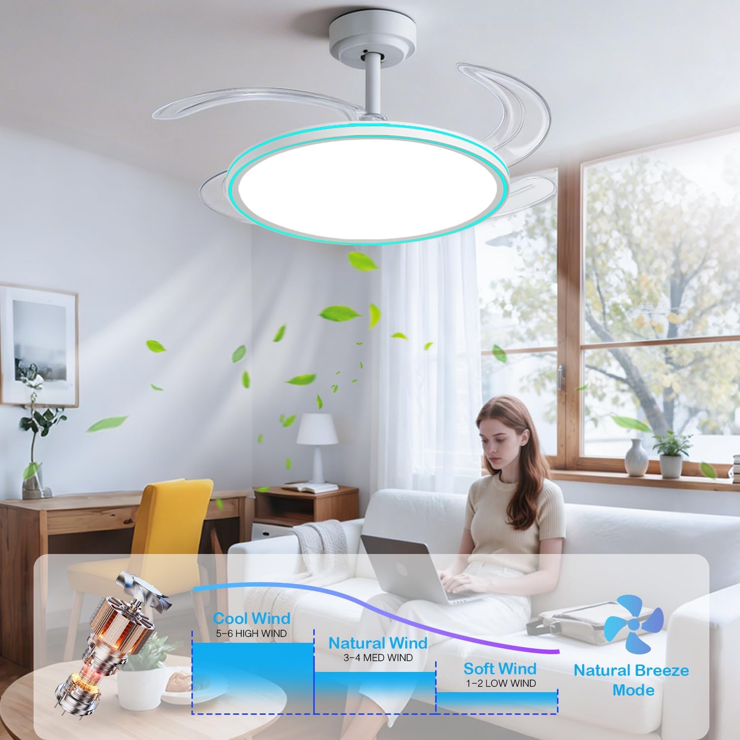 BAYSQUIRREL Slim Retractable Ceiling Fan, 42 Inch Low Profile Ceiling Fan with Remote Control, Dimmable Full Spectrum with Memory, 6-Speed Reversible Fan, White
