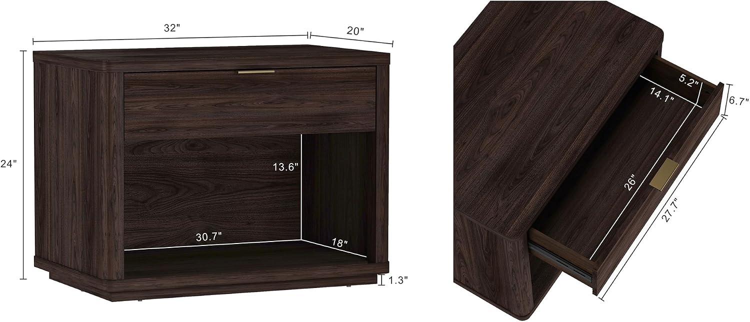 Manhattan Comfort Evelyn Set of 2 Nightstands with Drawer and Open Shelf Cubby, Minimalist Bedside Table with Rounded Corners and Raised Base, Modern Night Stand for Bedroom, or Living Room in Brown