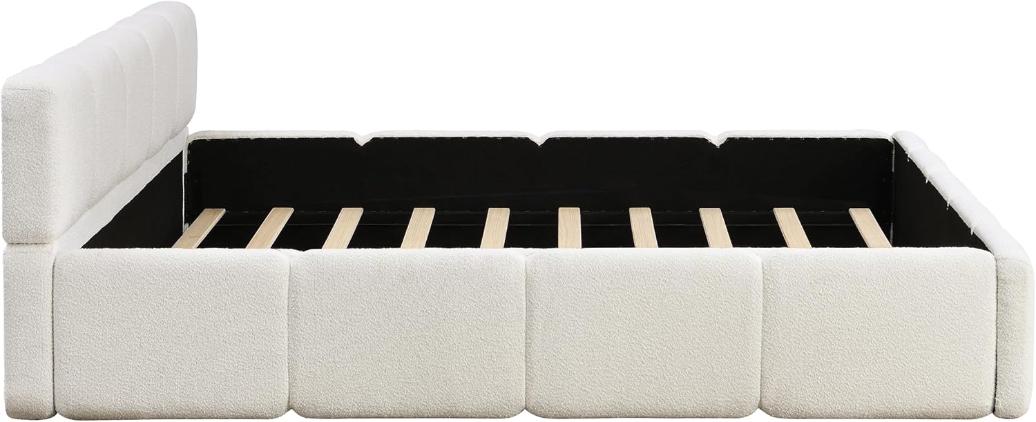 Christopher Knight Home Hazel King Size Platform Bed, Boucle Thick Headboard and Footboard, Upholstery Grounded Beds, Block Style, Wood Slats Panel Support, No Spring Box Needed, Easy Assembly, White