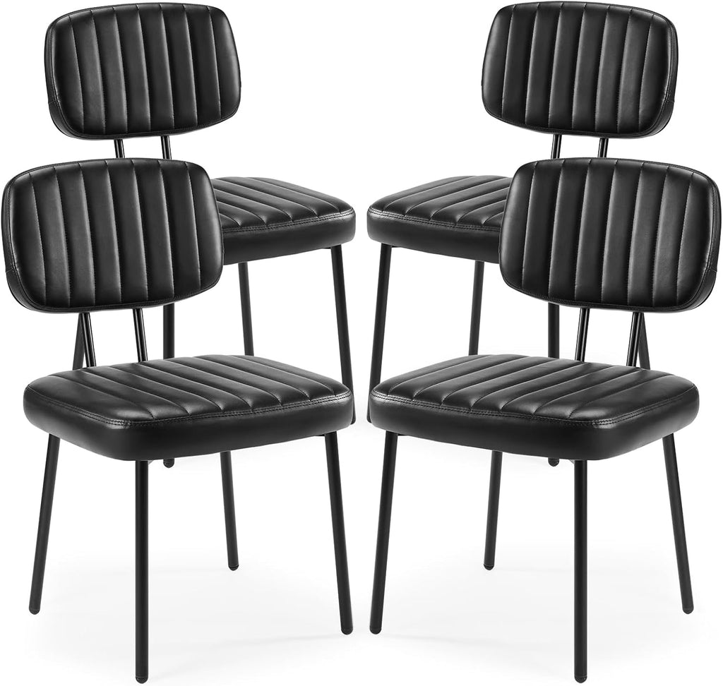 Sweetcrispy Dining Chairs Set of 4, Upholstered Mid Century Modern Kitchen Accent Chairs with Faux Leather Cushion Seat & Metal Legs for Home Office, Living Room - Black