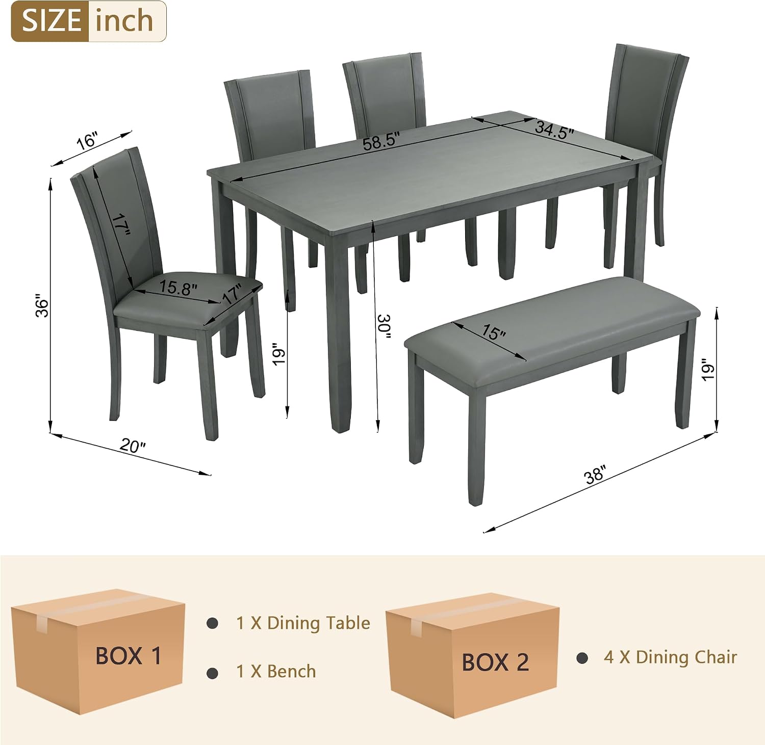 6-Piece Dining Table Set with Bench and Chairs - Solid Wood Kitchen Dining Room Table Set in Farmhouse Rustic Style, Table Set for 6 with 4 Chairs and Bench Seat.(Dark Gray_Large)