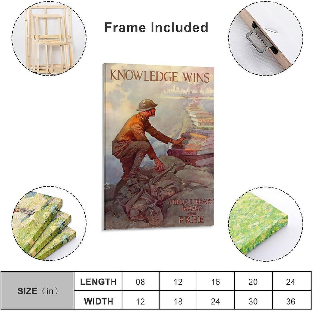 Knowledge Wins - Public Library Books - 1918 - World War I - Propaganda Poster Canvas Printing Wall Decoration Art For Room Aesthetics And Decoration 24x36inch(60x90cm)