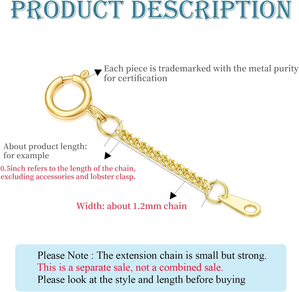 14k Gold 0.5'/1'/1.5'/2'/3' Necklace Bracelet Extender Chain, Necklace Extender Gold 14k, Durable Removable Gold Chain Extender, Gold Extension Chain for Necklace Anklet