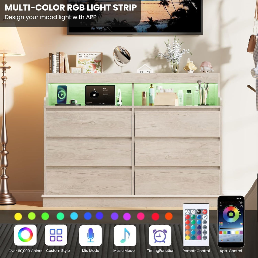 Garvee LED Dresser with Charging Station - Modern 5-Drawer 47' Wide Wooden Chest, Storage Organizer for Bedroom, Nursery, Hallway & Apartments