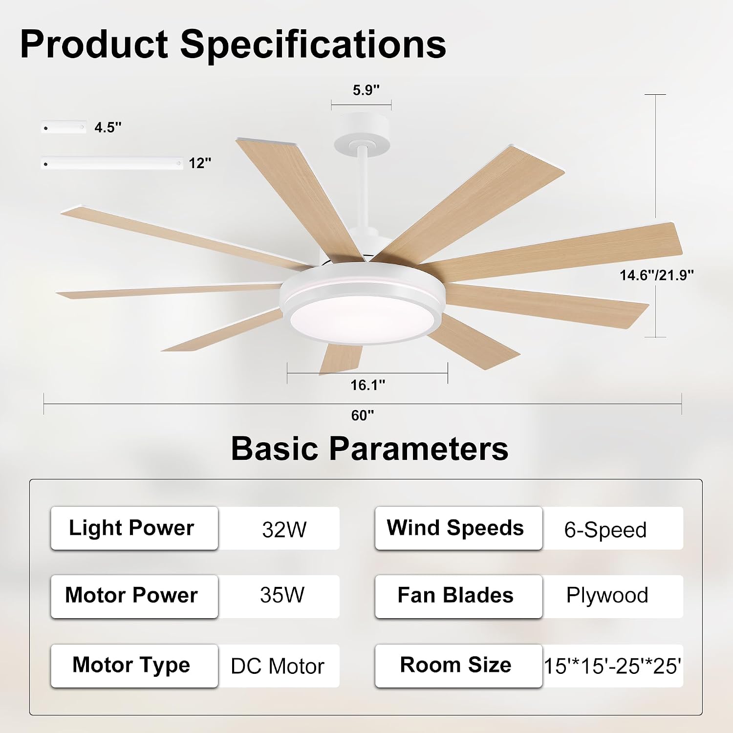 WINGBO 60' Ceiling Fan with Light - Large LED Dimmable Light, 6-Speed Remote Control, Reversible DC Motor, Modern Ceiling Fan 9 Blades for Bedroom, Living Room, Indoor Outdoor White and Oak