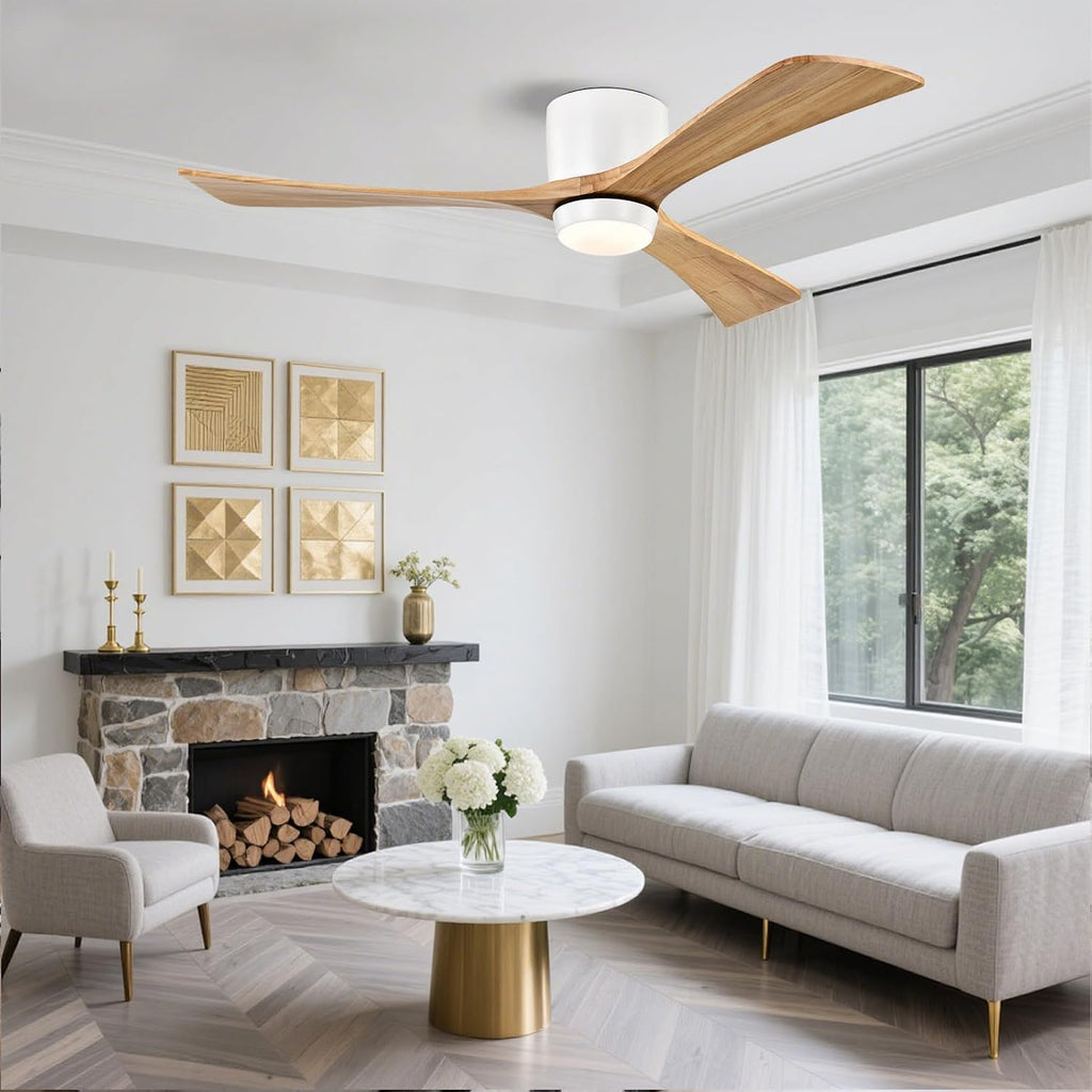 52inches Ceiling Fan with Lights,Wooden Flush Mount Ceiling Fans with Remote Control,Dimmable Light,3 CCT,6 Speeds,Noiseless DC Motor,Ceiling Fan for Bedroom,Living Room,Office,Indoor,White Walnut