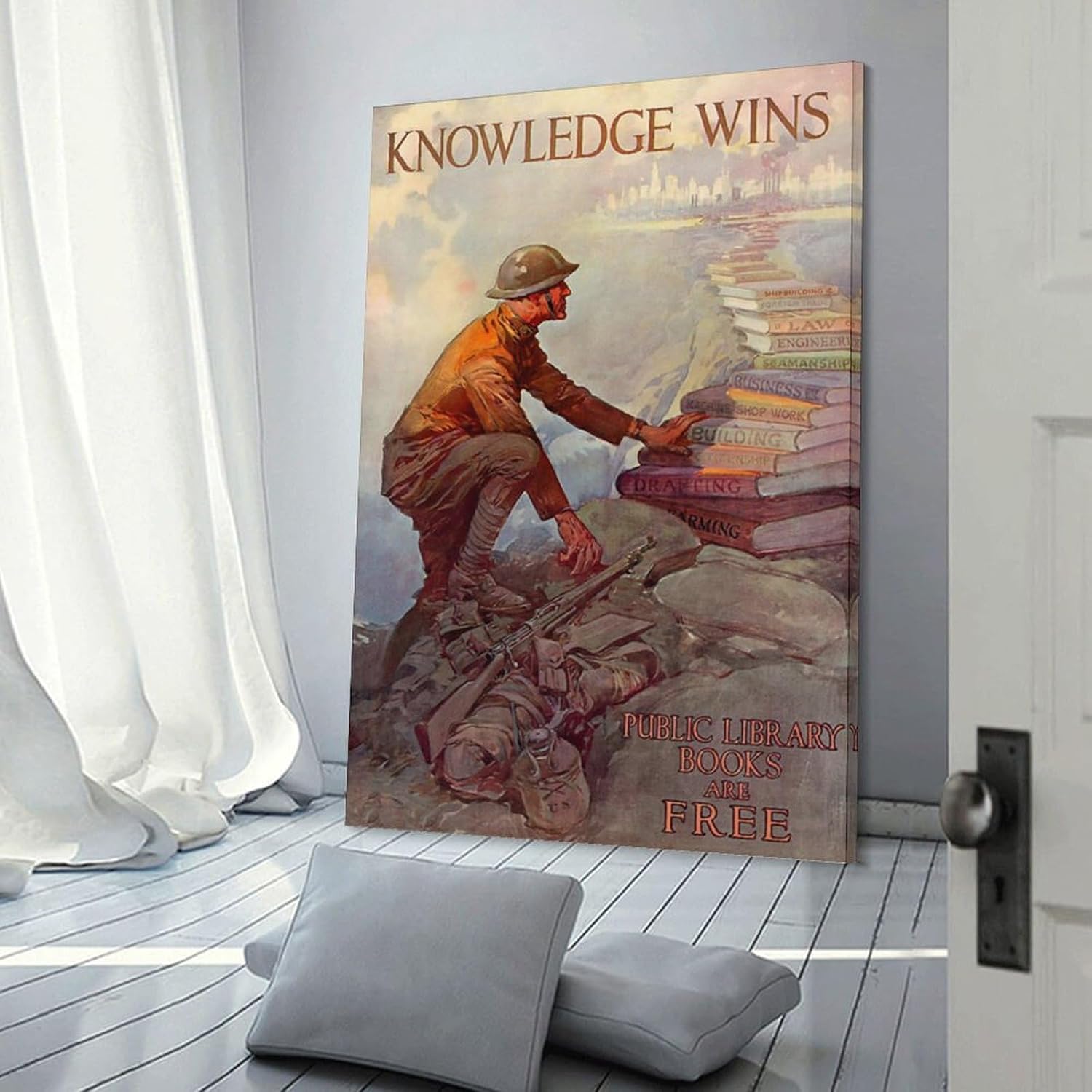 Knowledge Wins - Public Library Books - 1918 - World War I - Propaganda Poster Canvas Printing Wall Decoration Art For Room Aesthetics And Decoration 20x30inch(50x75cm)