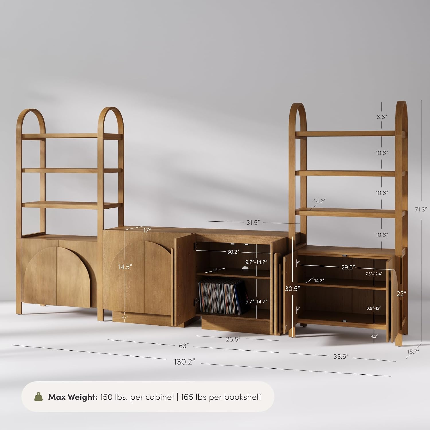 Nathan James Iris Sideboard and Bookcase Set, Mid-Century Modern Solid Wood Storage Unit with Arched Doors, 2 Cabinets and 2 Bookshelves with Cabinet, Light Brown