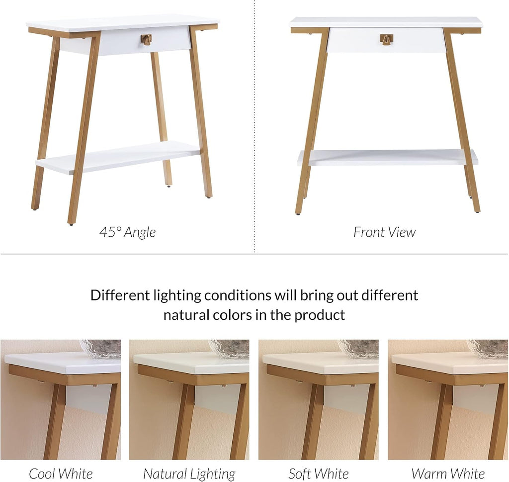 Leick Home 214346 Empiria Wood Console Table with Drawer and Metal Frame for Living Room Entryway Bedroom, White