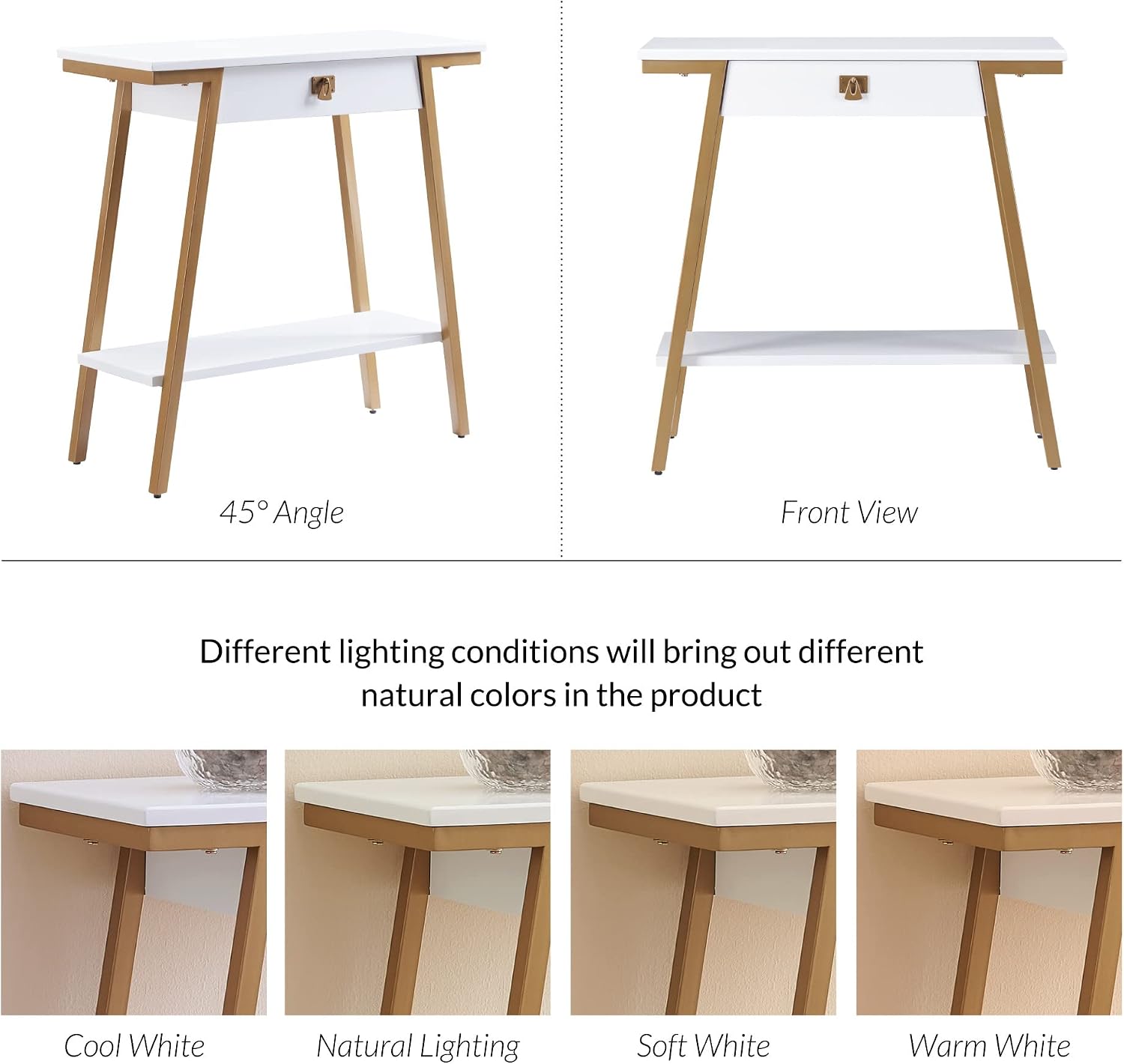 Leick Home 214346 Empiria Wood Console Table with Drawer and Metal Frame for Living Room Entryway Bedroom, White