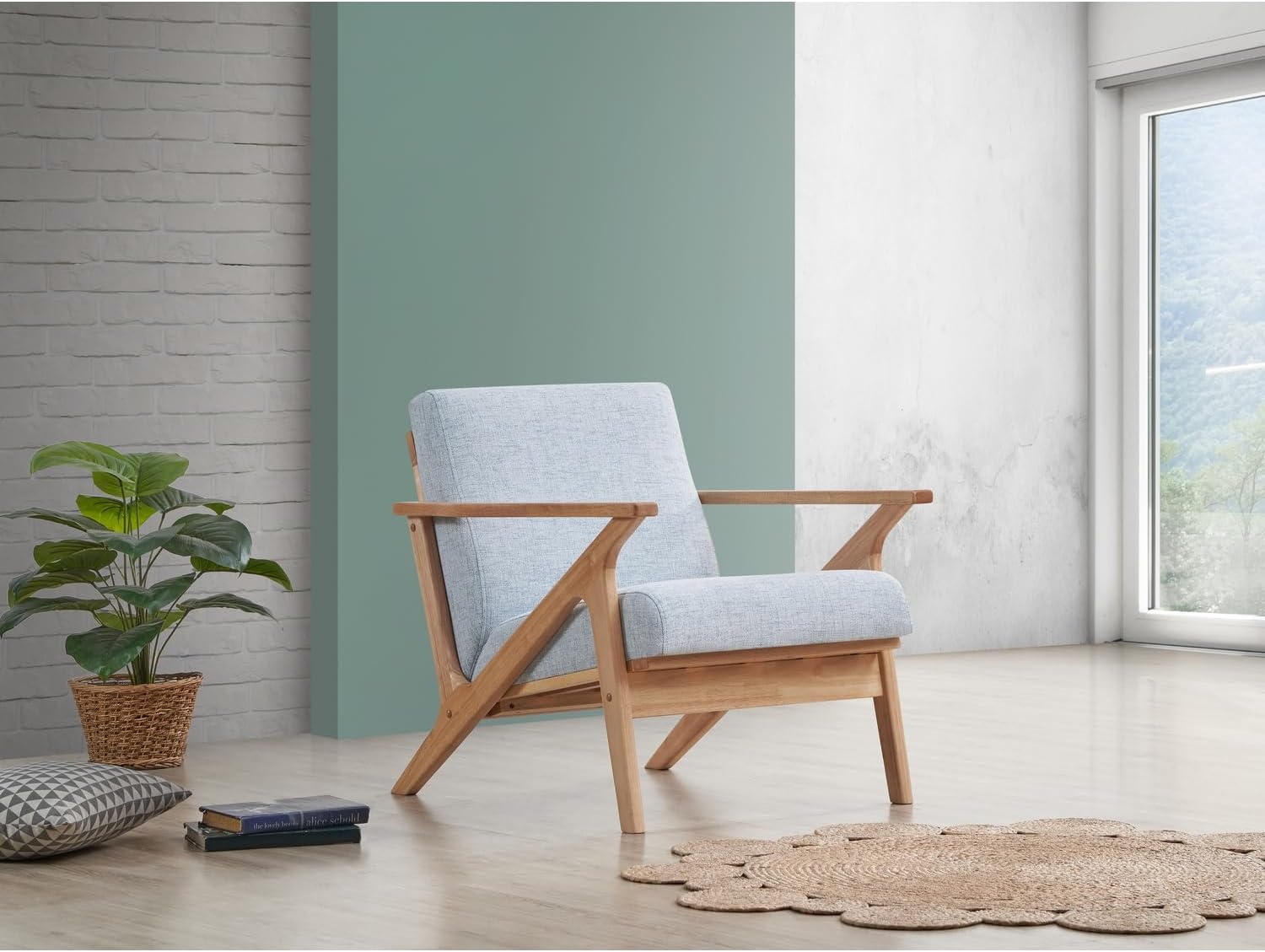 Zola Mid Century Modern Accent Chair Arm Chair, Living Room Furniture, Oak/Light Blue