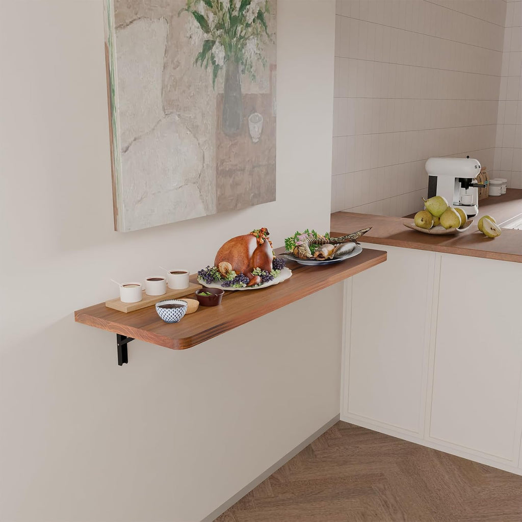 IAE Wall Mounted Folding Table with Pine Wood,48' x 16' Floating Wall Desk,Laundry Folding Table with Shelf Brackets,Fold Down Desk Shelf,Fold Workbench for Apartments,Home,Laundry Room,Kitchen,Teak