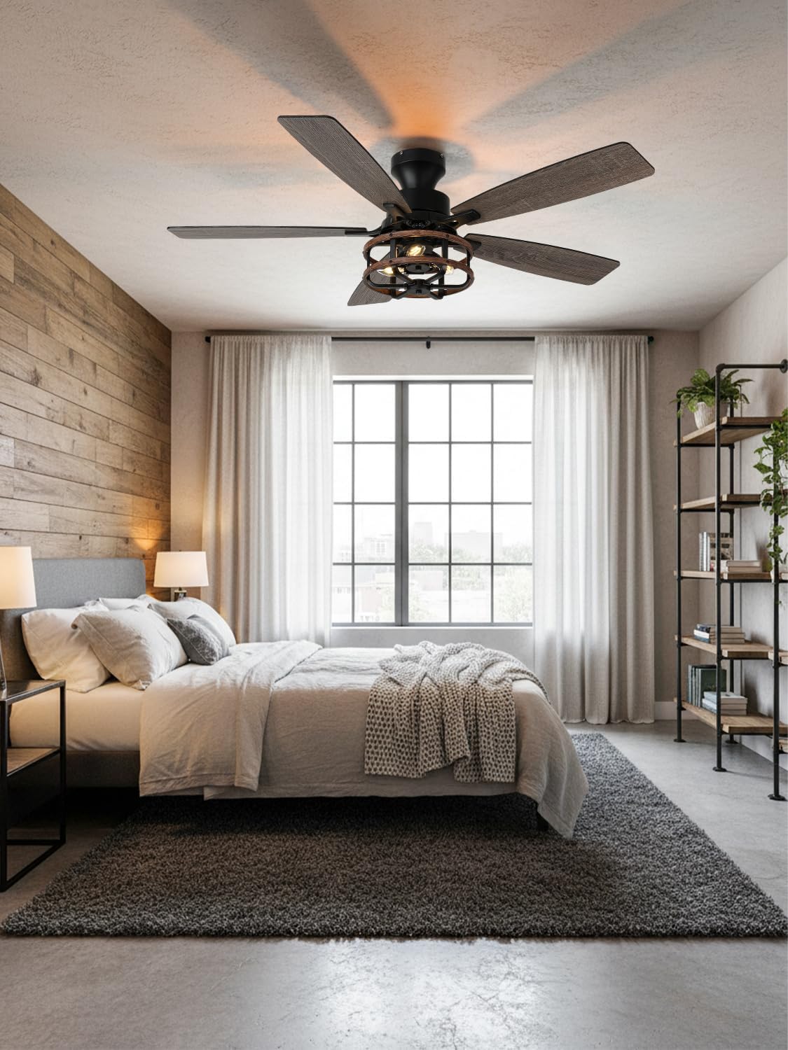 52 Inch Flush Mount Farmhouse Ceiling Fan with Light Rustic Caged Low Profile Ceiling Fan for Living Room Bedroom Patio