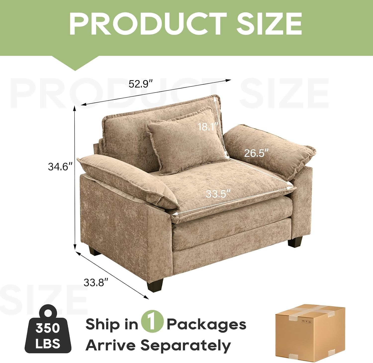Oprisen Modular Sectional Sofa, Comfy Cloud Couch Sectional Sofa, Chenille Sofa Sleeper Deep Seat Sofa with Throw Pillows for Living Room (Khaki, 53'- Single Seat)