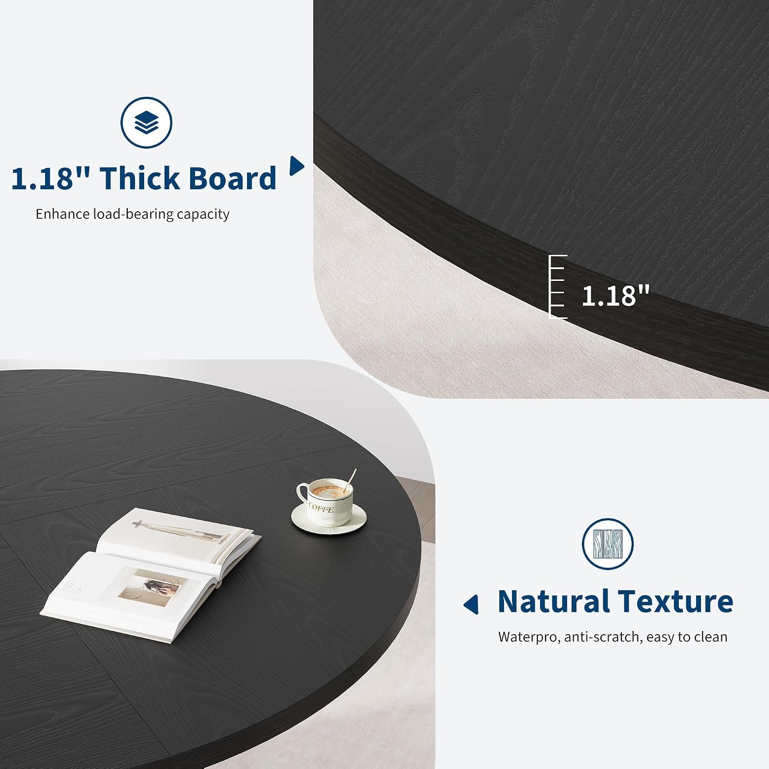 GarveeHome 47Inch Round Dining Table for 4-6 People, Black Dining Room Table with Sturdy Waveform Metal Pedestal Base, Industrial Circle Kitchen Table for Dining Room, Kitchen