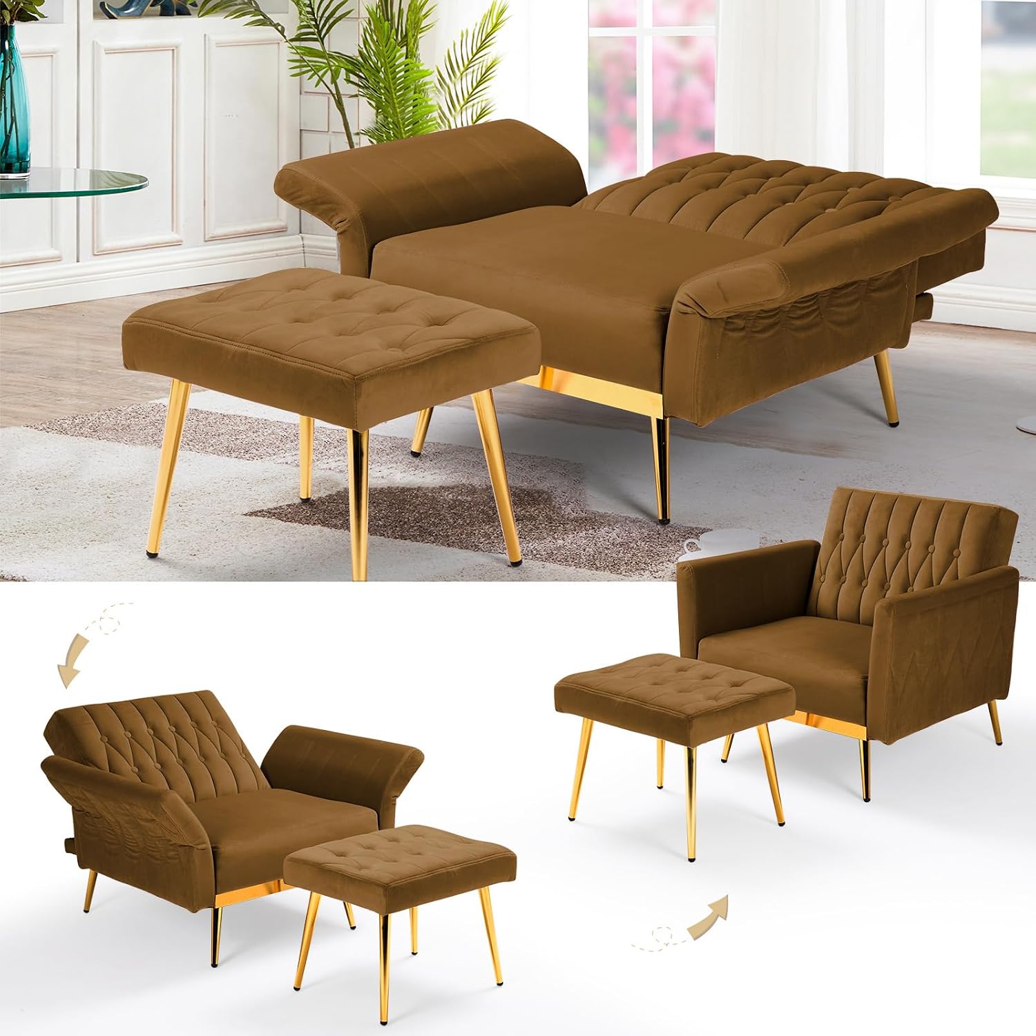 Velvet Accent Chair with Adjustable Armrests and Backrest, Button Tufted Lounge Chair, Single Recliner Armchair with Ottoman and Pillow for Living Room, Bedroom, Brown