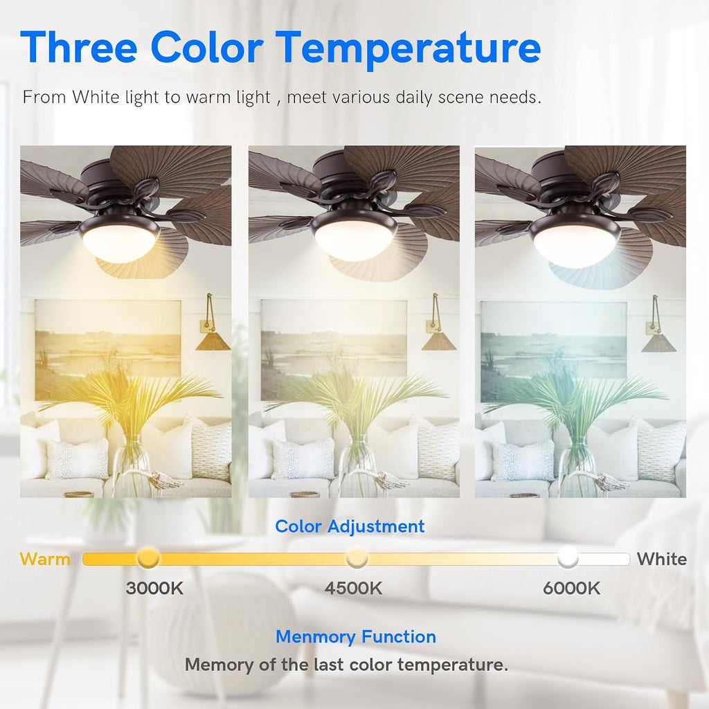 52 Inch Tropical Palm Leaf Ceiling Fan with Light and Remote, Indoor/Outdoor Ceiling Fan with Reversible Quiet DC Motor, Dimmable LED Light, 6 Speeds, for Patio, Porch, Living Room, Bedroom