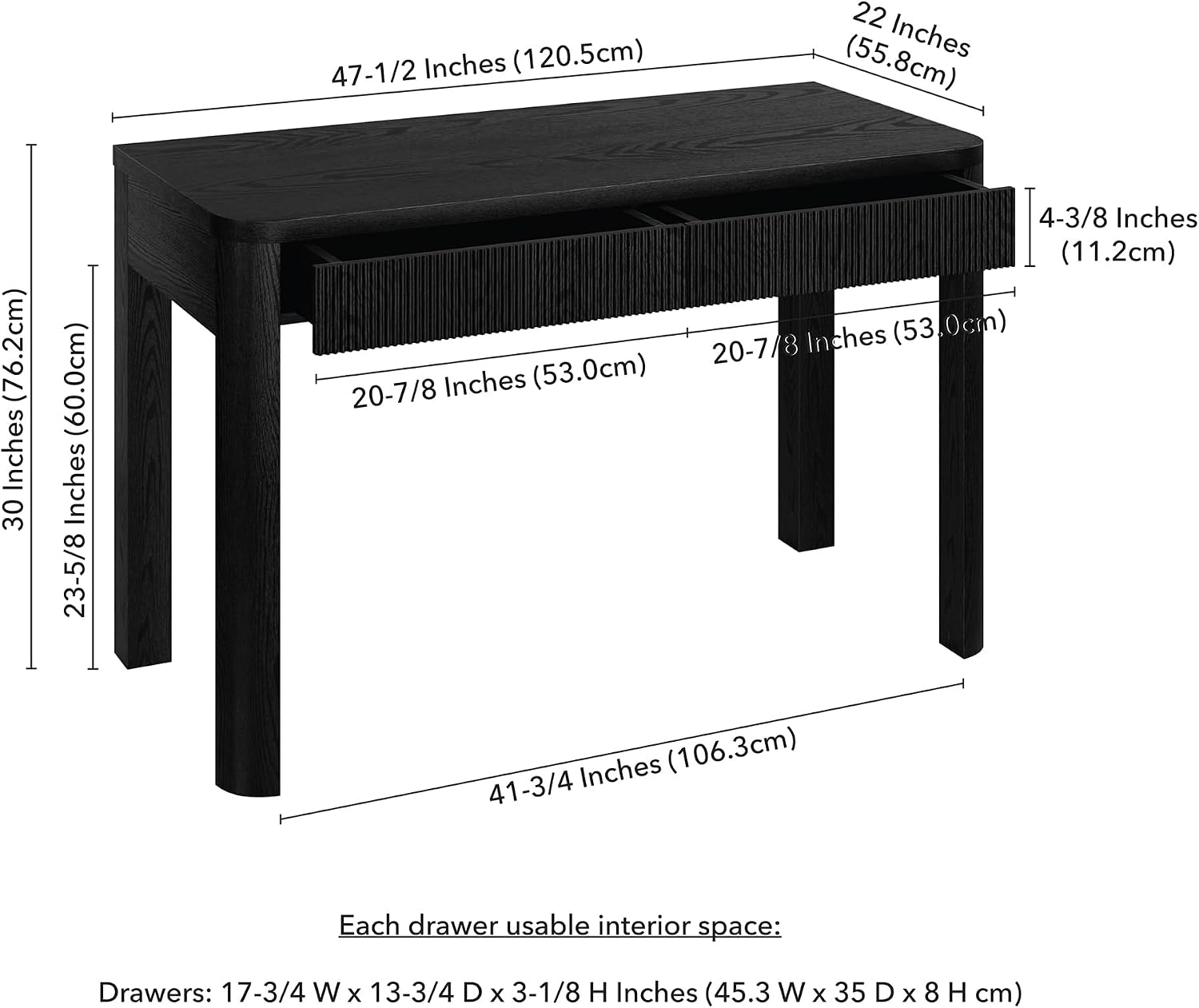 Henn&Hart 48' Fluted Modern Rectangular Wooden Home Office Desk Computer Desk Writing Table with 2 Ribbed Storage Drawers for Bedroom, Living Room, or Home Office, Natural Black