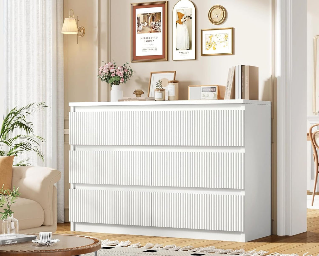 Jocoevol 6 Drawer Fluted Dresser, Modern Chest of Drawers for Bedroom with Hidden Handles, Wood Storage Organizer Cabinet for Living Room & Entryway, White (15.7' D x 47.3' W x 31.6' H)