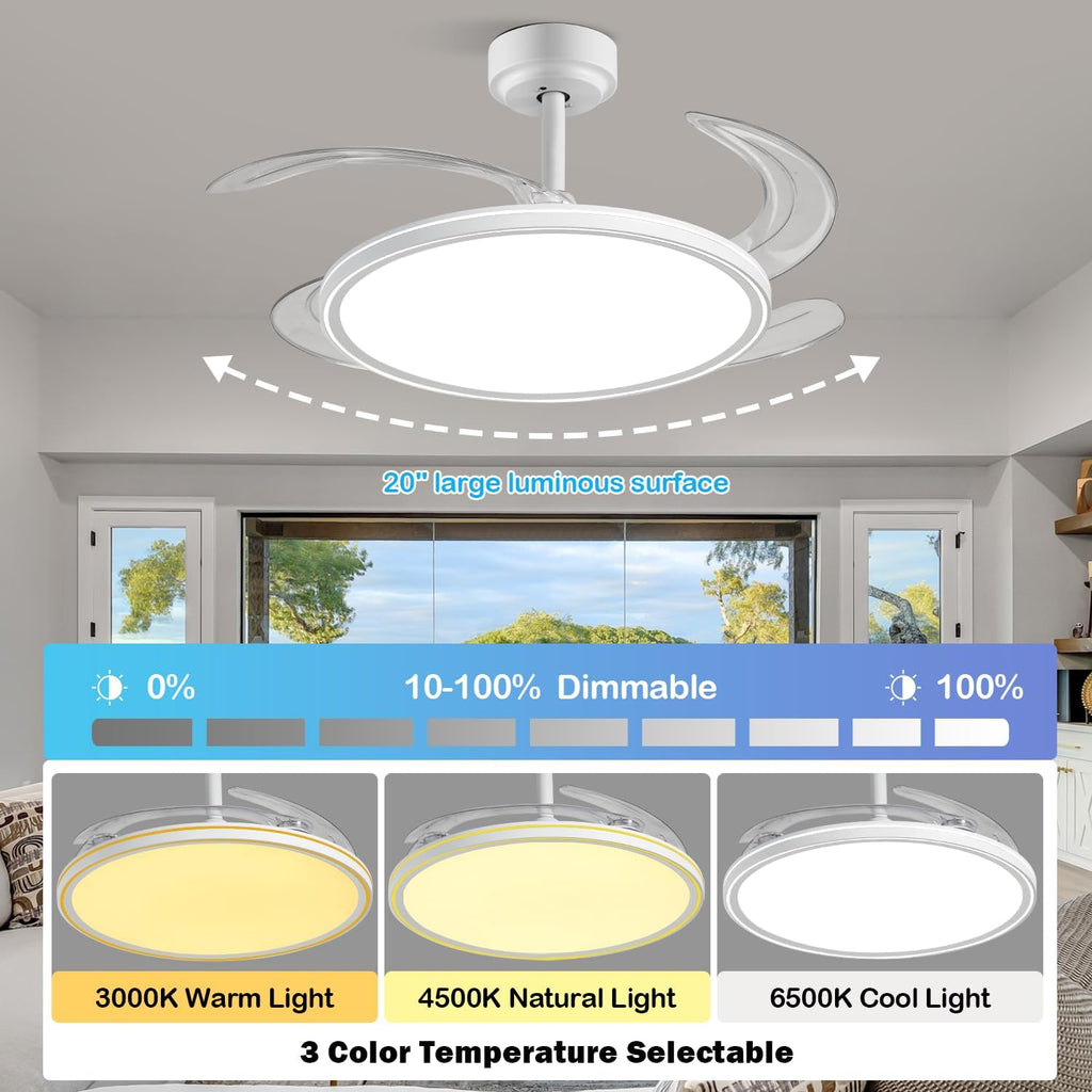 BAYSQUIRREL Slim Retractable Ceiling Fan, 42 Inch Low Profile Ceiling Fan with Remote Control, Dimmable Full Spectrum with Memory, 6-Speed Reversible Fan, White