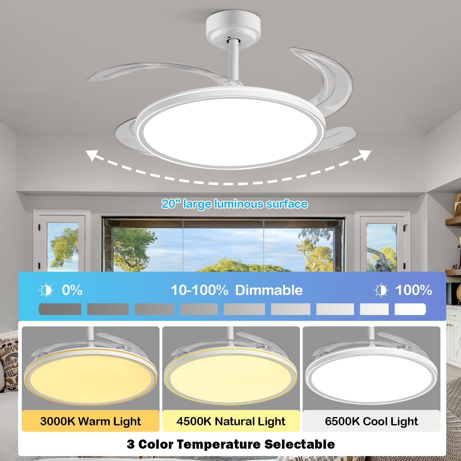 BAYSQUIRREL Slim Retractable Ceiling Fan, 42 Inch Low Profile Ceiling Fan with Remote Control, Dimmable Full Spectrum with Memory, 6-Speed Reversible Fan, White