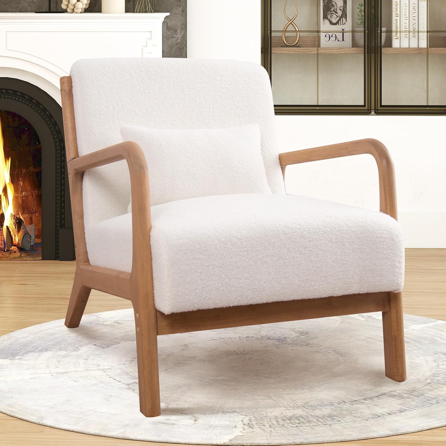 ANJ Mid Century Modern Accent Chair Set of 2, Single Boucle Lounge Reading Armchair with Solid Wood Frame, Easy Assembly Arm Chairs for Living Room, White