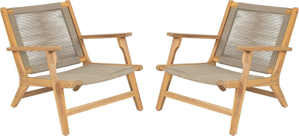 Christopher Knight Home Veera Patio Chair Set of 2 with Acacia Wood Frame and Handwoven Rope, Outdoor Lounge Chair, Stylish Outdoor Accent Chair for Garden/Deck/Backyard, Beige + Light Teak