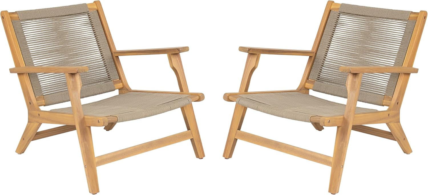Christopher Knight Home Veera Patio Chair Set of 2 with Acacia Wood Frame and Handwoven Rope, Outdoor Lounge Chair, Stylish Outdoor Accent Chair for Garden/Deck/Backyard, Beige + Light Teak