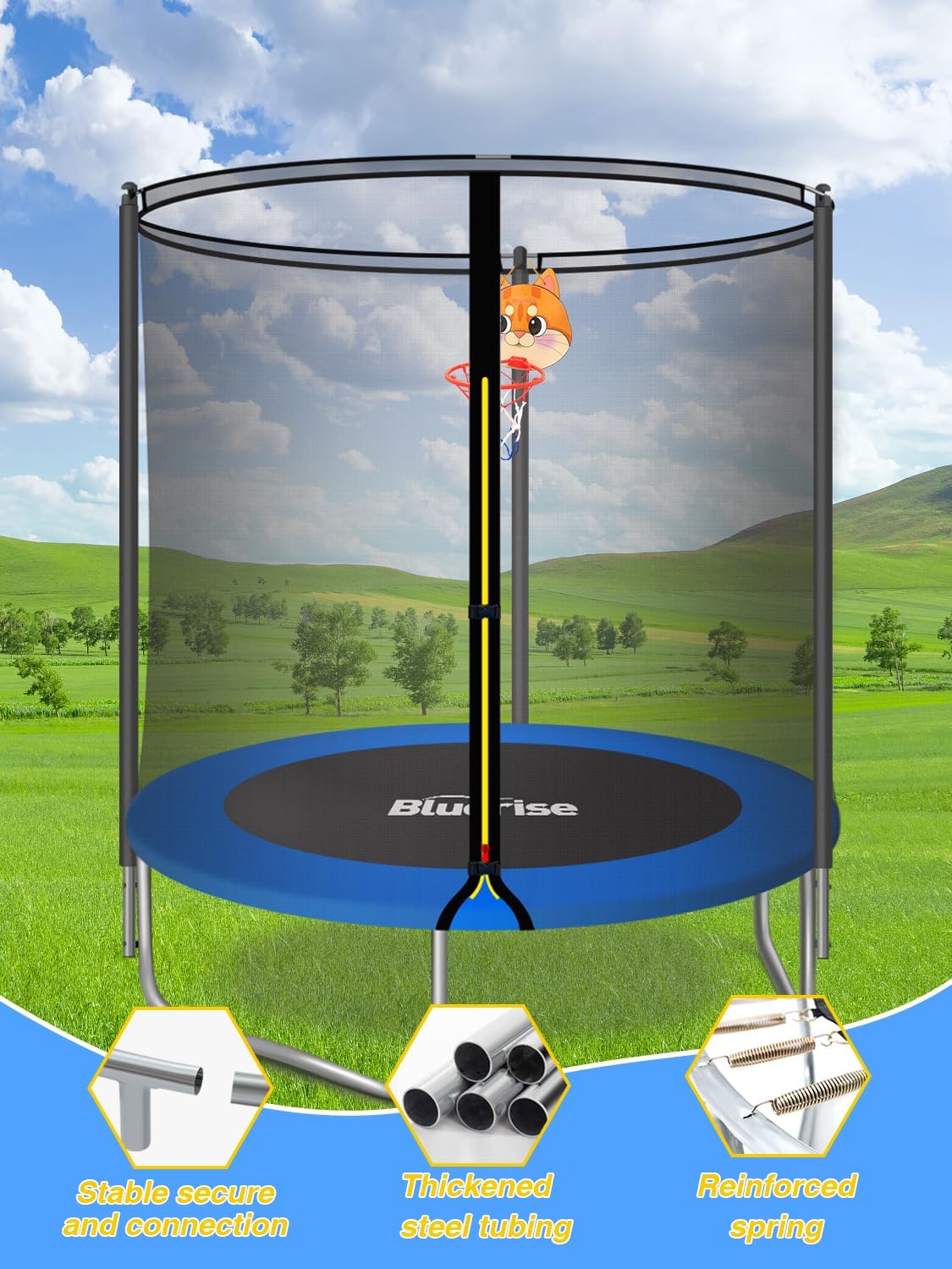 BLUERISE 55IN 6FT Toddler Trampoline for Kids Indoor Outdoor Play for Kids Trampoline Basketball Hoop Attachment with Enclosure Net Easy to Assemble