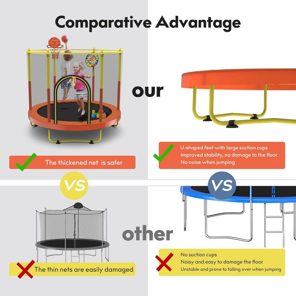 72' Trampoline for Kids with Net,6 FT Indoor & Outdoor Small Toddler Trampoline with Basketball Hoop & Dart Board for Ages 1-8, Birthday Gifts for Boys & Girls, Baby Toddler Christmas Toys