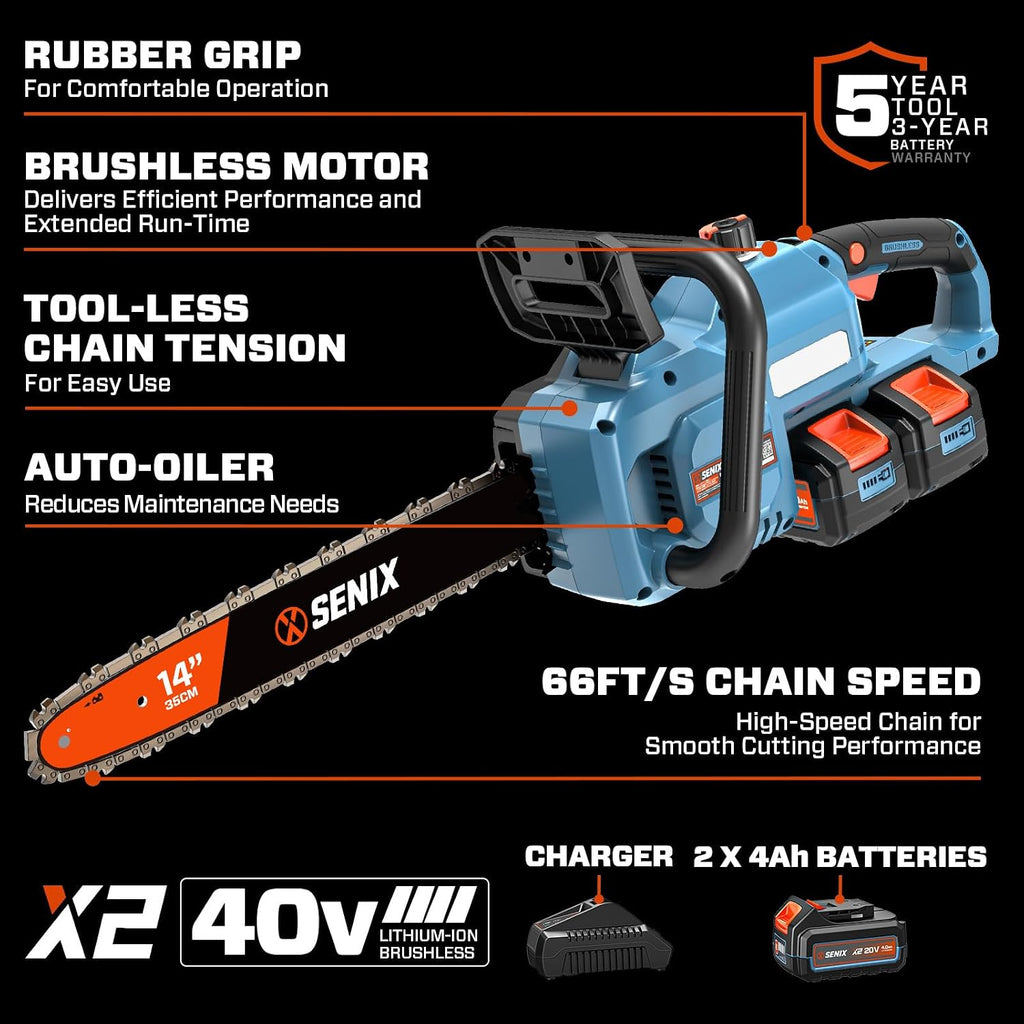 SENIX 40V 14' Electric Chainsaw, Cordless Battery Powered Chainsaw, Brushless Chain Saw, Includes 2x4Ah Batteries & Charger, Garden Tool for Trees, Pruning, Branch Cutting, Yard, Gift, CSX2-M2