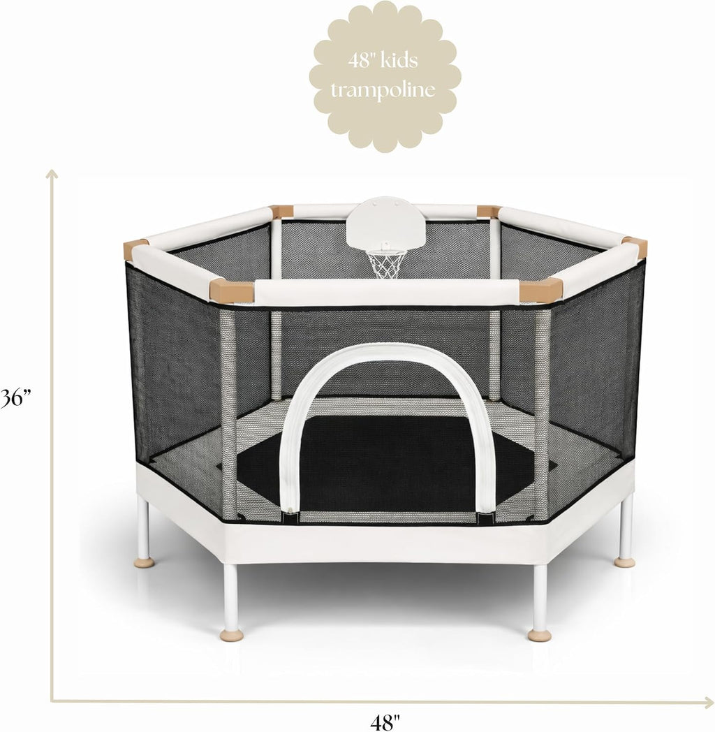 Kids Trampoline, Aesthetic Indoor and Outdoor Toddler Trampoline with Safety Net, Basketball Hoop, 220lb Capacity, Ultra Safe No-Gap Design, Gifts for Boys & Girls