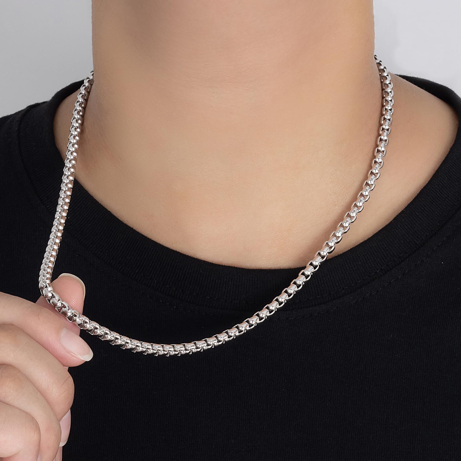 Dankadi Men 925 Sterling Silver 5MM Square Rolo Link Necklace Women Round Box Chain 16' 18' 20' 22' 24' 26' 28' 30' 38' Choker Unisex Jewelry Gift (Silver, 28 inch)