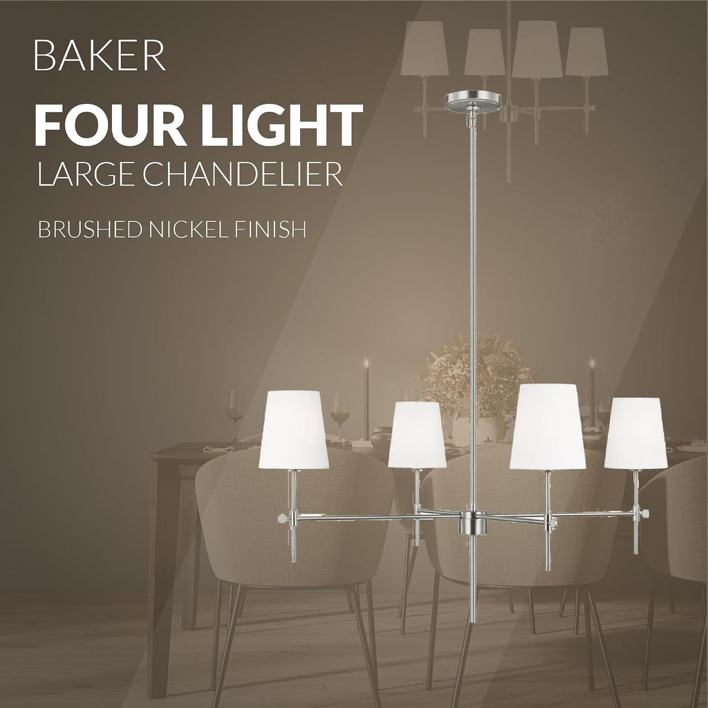 Generation Lighting 4-Light Baker Chandelier Brushed Nickel 3287204-962 | Modern Ceiling Light Fixture for Room Decor| Chandelier for Dining Room or Living Room Uses Standard or LED Light Bulbs