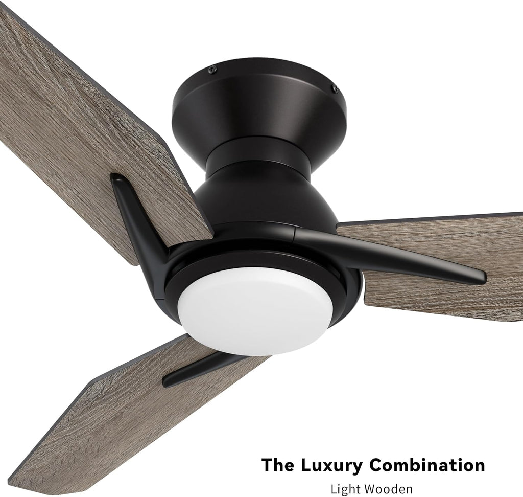 SMAFAN Smart Ceiling Fans with Lights Flush Mount 52', 3 Light Colors Dimmable, 10 Speeds DC Ceiling Fan with Remote, Outdoor Ceiling Fan Compatible with Alexa, Siri & Google Home, Black & Wood