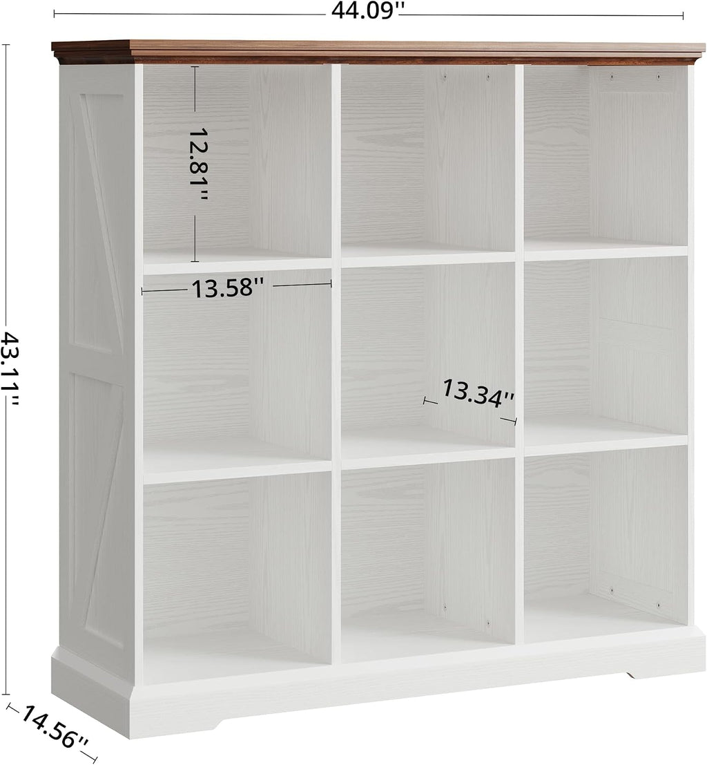 IRONCK Wooden 9 Cube Storage Organizer, Cube Shelf Organizer with Storage, Farmhouse Short Bookshelf for Bedroom, Living Room and Home Office, White